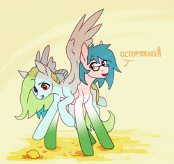 Size: 1779x1677 | Tagged: safe, artist:koviry, oc, oc:leni flaure, pegasus, pony, duo, food, heterochromia, lemon