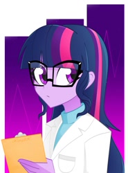 Size: 1018x1377 | Tagged: safe, artist:xan-gelx, sci-twi, twilight sparkle, equestria girls, clipboard, clothes, female, glasses, lab coat, solo