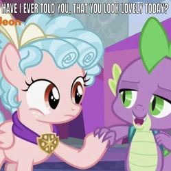 Size: 638x641 | Tagged: safe, edit, edited screencap, editor:undeadponysoldier, screencap, cozy glow, spike, dragon, pegasus, pony, school raze, caption, compliment, cozybetes, cozyspike, cute, female, filly, holding hands, image macro, looking at each other, male, meme, nickelodeon, open mouth, shipping, straight, text, winged spike