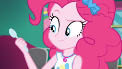 Size: 1920x1080 | Tagged: safe, screencap, pinkie pie, better together, choose your own ending, equestria girls, tip toppings, female, geode of sugar bombs, magical geodes, solo, spoon
