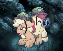 Size: 4000x3250 | Tagged: safe, artist:litrojia, derpibooru import, apple bloom, applejack, earth pony, pony, going to seed, apple sisters, binoculars, cheek fluff, chest fluff, duo, female, filly, grass, helmet, leaves, mare, night, open mouth, scenery, siblings, sisters, smiling, tree