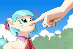 Size: 756x515 | Tagged: safe, artist:vinilyart, coco pommel, earth pony, human, pony, blushing, boop, cocobetes, cute, female, heart, mare, offscreen character, offscreen human