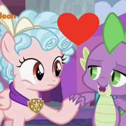 Size: 641x641 | Tagged: safe, edit, edited screencap, editor:undeadponysoldier, screencap, cozy glow, spike, dragon, pegasus, pony, school raze, cozybetes, cozyspike, cute, female, filly, heart, holding hands, looking at each other, male, nickelodeon, open mouth, shipping, shipping domino, straight, winged spike