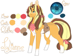 Size: 995x768 | Tagged: safe, artist:malinraf1615, oc, oc only, oc:lylianne, earth pony, pony, bow, female, freckles, hair ribbon, mare, neckerchief, next generation, offspring, pale belly, parent:applejack, parent:caramel, parents:carajack, pouch, reference sheet, simple background, socks (coat marking), solo, tail bow, transparent background, watermark