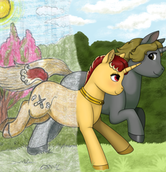 Size: 1876x1936 | Tagged: safe, artist:69beas, oc, oc only, oc:jessie feuer, oc:luri equestria, pony, unicorn, collar, colored hooves, couple, digital art, duo, ear fluff, female, forest, jessuri, looking at each other, male, mare, running, shipping, stallion, straight, traditional art