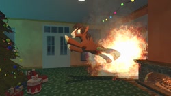 Size: 1280x720 | Tagged: safe, artist:horsesplease, trouble shoes, earth pony, pony, 3d, christmas, christmas tree, excited, explosion, gmod, holiday, male, stallion, tree