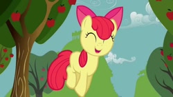 Size: 1280x720 | Tagged: safe, screencap, apple bloom, call of the cutie, adorabloom, apple, apple tree, apples apples apples, apples!, cute, food, happy, hopping, jumping, tree
