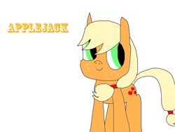 Size: 1024x769 | Tagged: safe, artist:undeadponysoldier, derpibooru import, applejack, earth pony, pony, cute, freckles, simple background, smiling, solo, text, white background