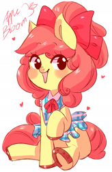 Size: 1260x1920 | Tagged: safe, artist:evino-chan, apple bloom, earth pony, pony, adorabloom, alternate hairstyle, bow, clothes, cute, dress, female, filly, hair bow, heart, horseshoes, open mouth, simple background, sitting, solo, white background