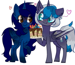 Size: 1293x1120 | Tagged: safe, artist:bublebee123, oc, oc only, oc:elizabat stormfeather, oc:midnight, alicorn, bat pony, bat pony alicorn, pony, alicorn oc, bat pony oc, birthday, birthday cake, birthday gift, blushing, cake, candle, chest fluff, cute, ear fluff, female, food, heart, mare, plate, raised hoof, simple background, smiling, transparent background