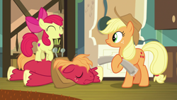 Size: 1920x1080 | Tagged: safe, derpibooru import, screencap, apple bloom, applejack, big macintosh, earth pony, pony, going to seed, eyes closed, map, prone