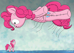 Size: 2175x1575 | Tagged: safe, artist:stinkehund, pinkie pie, earth pony, inflatable pony, pony, balloon, balloon pony, bojack horseman, female, floating, looking up, mare, parade balloon, solo