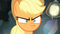 Size: 1366x768 | Tagged: safe, derpibooru import, screencap, applejack, earth pony, pony, dragon dropped, angry, applejack is not amused, faic, solo, unamused