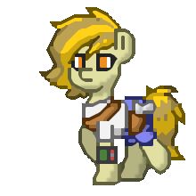 Size: 220x220 | Tagged: safe, oc, oc only, oc:triticale, earth pony, pony, fallout equestria, animated, anti-aliasing, clothes, female, gif, golden eyes, gun, pants, pipbuck, pixel art, pony town, shirt, simple background, solo, t-shirt, transparent background, two toned mane, walk cycle, walking, weapon, yellow mane