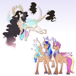 Size: 3000x3000 | Tagged: safe, artist:bunnari, oc, oc only, oc:astral serenity, oc:cosmic harmony, oc:eterna, alicorn, draconequus, hybrid, pony, alicorn oc, crown, draconequus oc, female, high res, interspecies offspring, jewelry, magic, mare, offspring, parent:discord, parent:flash sentry, parent:princess celestia, parent:twilight sparkle, parents:dislestia, parents:flashlight, regalia, siblings, sisters, telekinesis, twin sisters, twins, unshorn fetlocks