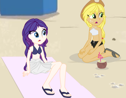 Size: 1632x1268 | Tagged: safe, artist:emmakkkkk, applejack, rarity, equestria girls, alternate hairstyle, applejack's hat, beach, beach towel, belt, bikini, bikini top, clothes, coconut, cowboy hat, drink, feet, female, food, freckles, hat, human coloration, midriff, open mouth, sand, sandals, sarong, skirt, stetson, straw, swimsuit, towel