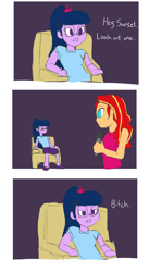 Size: 1491x2500 | Tagged: safe, artist:pettypop, sci-twi, sunset shimmer, twilight sparkle, better together, equestria girls, 3 panel comic, bitch, comic, the eric andre show, vulgar