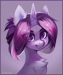 Size: 1750x2074 | Tagged: safe, artist:share dast, oc, oc only, oc:maria artosis, pony, unicorn, bust, chest fluff, female, freckles, looking at you, mare, purple background, simple background, smiling, solo