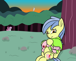 Size: 1280x1024 | Tagged: safe, artist:dinkyuniverse, apple flora, cotton cloudy, piña colada, ruby pinch, sweet tooth, earth pony, pegasus, pony, unicorn, apple family member, appletooth, cottonbetes, cute, female, field, filly, foal, forest, happy, mare, peaceful, pinapinch, relaxing, resting, sleeping, snuggling, sunset, tree