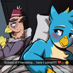 Size: 1024x1024 | Tagged: safe, artist:jcosneverexisted, gallus, grampa gruff, griffon, school daze, age difference, bed, blushing, chest fluff, cute, dialogue, duo, duo male, eye scar, gallabetes, implied gay, implied sex, lying, male, parody, quadrupedal, scar, snapchat