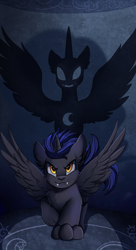 Size: 1550x2850 | Tagged: safe, alternate version, artist:pridark, oc, oc only, alicorn, bat pony, bat pony alicorn, werewolf, wolf, wolf pony, bat wings, commission, fangs, high res, horn, shadow, solo, spread wings, wings