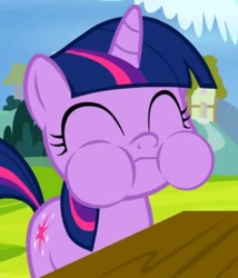 Size: 613x716 | Tagged: safe, screencap, twilight sparkle, unicorn twilight, pony, unicorn, sparkle's seven, apple, aweeg*, cropped, cute, eating, female, filly, filly twilight sparkle, food, happy, puffy cheeks, twiabetes, younger