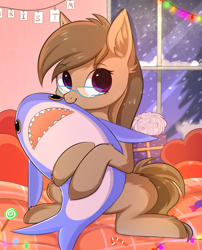 Size: 2214x2746 | Tagged: safe, alternate version, artist:pesty_skillengton, oc, oc only, oc:dawnsong, earth pony, pony, shark, colored pupils, cuddling, cute, ear fluff, earth pony oc, female, glasses, leg fluff, looking at you, mare, plushie, shark plushie, solo, toy, ych result