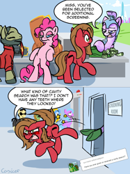 Size: 1200x1602 | Tagged: safe, artist:conicer, derpibooru import, pinkie pie, oc, oc:pun, crystal pony, earth pony, pony, airport security, ask, ask pun, bipedal, bipedal leaning, cavity search, crystal empire, jorji costava, leaning, literal butthurt, neo, papers please, party cannon, ponified, royal guard, security, the matrix, tumblr