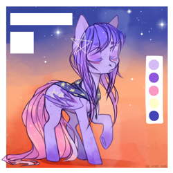 Size: 724x724 | Tagged: safe, artist:okameinko, oc, oc only, oc:starfish galaxy, pegasus, pony, adopted oc, bandana, eyes closed, female, mare, multicolored hair, multicolored mane, reference sheet, sky, solo, stars