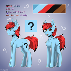 Size: 2500x2500 | Tagged: safe, artist:serodart, oc, oc only, oc:genka, earth pony, pony, :p, chest fluff, commission, ear fluff, gradient background, male, question mark, reference, reference sheet, smiling, solo, stallion, tongue out