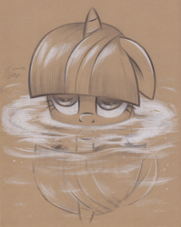 Size: 3000x3778 | Tagged: safe, artist:fladdrarblyg, twilight sparkle, pony, unicorn, magic duel, brown background, female, looking up, mare, monochrome, pencil drawing, reflection, scene interpretation, simple background, solo, traditional art, water, wet mane