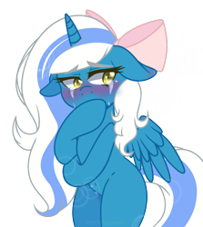 Size: 1831x2053 | Tagged: safe, artist:naniibanani, oc, oc only, oc:fleurbelle, alicorn, pony, alicorn oc, bow, crying, female, floppy ears, golden eyes, hair bow, mare, simple background, solo, transparent background, wingding eyes, ych result