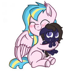 Size: 4000x4000 | Tagged: safe, artist:darkshock, oc, oc only, oc:lokipony, oc:shadow faith, bat pony, pegasus, pony, bat pony oc, blank flank, blushing, c:, cute, droopy ears, eyes closed, fangs, female, filly, floppy ears, hug, mare, newbie artist training grounds, pegasus oc, simple background, size difference, smiling, spread wings, transparent background, wings