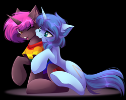 Size: 2665x2115 | Tagged: safe, artist:airiniblock, oc, oc only, oc:patches pinkgem, oc:rattamacue, pony, unicorn, clothes, cute, femboy, gay, happy, hug, male, neck biting, pride, rainbow, shirt, smiling