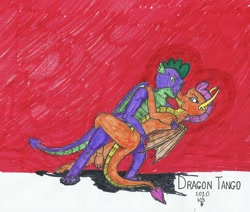 Size: 1602x1357 | Tagged: safe, artist:gash-ren, smolder, spike, dragon, dancing, dragoness, female, male, shipping, simple background, spolder, straight, tango, traditional art