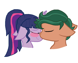 Size: 707x571 | Tagged: safe, artist:huskyrbtorchick, sci-twi, timber spruce, twilight sparkle, pony, unicorn, equestria girls, blushing, bust, cute, equestria girls ponified, eyes closed, female, floppy ears, kissing, male, mare, ponified, portrait, shipping, simple background, stallion, straight, timbertwi, unicorn sci-twi, white background