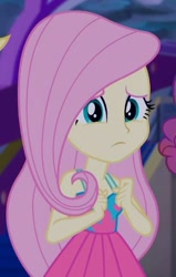 Size: 409x642 | Tagged: safe, screencap, fluttershy, better together, equestria girls, spring breakdown, cropped, nervous, sleeveless, solo