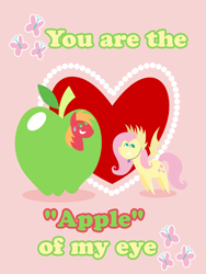 Size: 2160x2880 | Tagged: safe, anonymous artist, big macintosh, fluttershy, pegasus, pony, series:fm holidays, apple, clothes, costume, female, flutterbat costume, fluttermac, food, giant food, heart, holiday, looking at each other, male, nervous grin, pointy ponies, pun, shipping, straight, sweat, sweatdrop, valentine, valentine's day, valentine's day card, visual pun