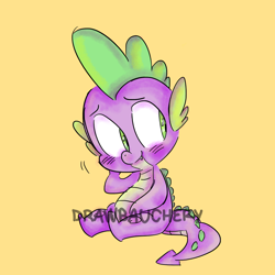 Size: 1000x1000 | Tagged: safe, artist:drawbauchery, spike, dragon, blushing, cute, male, simple background, sitting, solo, spikabetes, watermark, yellow background