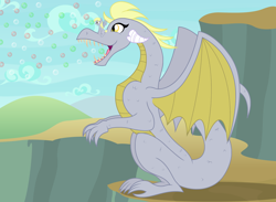 Size: 2952x2160 | Tagged: safe, alternate version, artist:badumsquish, derpibooru exclusive, derpy hooves, dragon, blowing bubbles, bubble breath, cliff, dragonified, duality, fangs, female, friends, grin, happy, horns, irrational exuberance, macro, multeity, paraquestria, pony dragondox, show accurate, sitting, size difference, smiling, solo, species swap, spread wings, teeth, wings