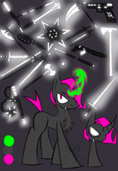 Size: 888x1280 | Tagged: safe, artist:didun850, oc, oc only, oc:doll, pony, unicorn, chest fluff, chibi, curved horn, disguise, disguised changeling, female, glowing horn, gun, horn, knife, magic, mare, reference sheet, scythe, sickle, sword, telekinesis, unicorn oc, weapon