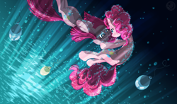 Size: 5600x3300 | Tagged: safe, artist:template93, derpibooru import, pinkie pie, earth pony, pony, absurd resolution, balloon, bubble, comforting, crying, floating, light, ocean, pinkamena diane pie, smiling, underwater