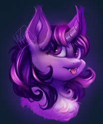 Size: 2500x3000 | Tagged: safe, artist:thewickedvix, twilight sparkle, pony, undead, vampire, vampony, alternate hairstyle, bust, chest fluff, curved horn, doodle, ear tufts, fangs, female, horn, mare, slit eyes, solo, tongue out