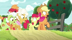 Size: 1920x1080 | Tagged: safe, derpibooru import, screencap, apple bloom, applejack, big macintosh, goldie delicious, granny smith, earth pony, pony, going to seed, apple tree, tree, varying degrees of want