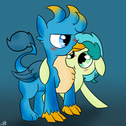 Size: 3000x3000 | Tagged: safe, artist:ezupack, gallus, sandbar, earth pony, griffon, pony, blushing, chest fluff, cuddling, cute, gallabetes, gallbar, gay, hug, male, sandabetes, shipping, simple background, tsundere