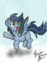 Size: 960x1280 | Tagged: safe, artist:brightstarclick, oc, oc only, flying, snow, solo, waving