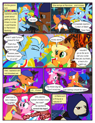 Size: 612x792 | Tagged: safe, artist:christhes, derpibooru import, applejack, pinkie pie, earth pony, pegasus, pony, collaboration, comic:friendship is dragons, bandana, cloak, clothes, comic, crossover, dialogue, dragon age, dress, ear piercing, earring, eyes closed, female, fight, flying, freckles, frown, gala dress, garrett, grin, gritted teeth, hat, hoof hold, isabela, jewelry, laughing, laurel wreath, male, mare, night, onomatopoeia, piercing, ponified, rubber chicken, show accurate, smiling, stallion, stars, thief (video game), unamused, wingblade