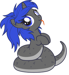 Size: 2377x2610 | Tagged: safe, artist:lightning stripe, derpibooru exclusive, oc, oc:dream², lamia, original species, pony, snake, snake pony, unicorn, :p, blue eyes, blue mane, coils, commission, cute, female, filly, foal, forked tongue, gray coat, horn, messy mane, mute, ocbetes, show accurate, simple background, tongue out, transparent background, vector