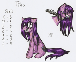 Size: 672x545 | Tagged: safe, artist:ravenpuff, oc, oc only, oc:tika, earth pony, pony, fallout equestria, chains, drool, earth pony oc, female, grin, insanity, mare, reference sheet, scar, sitting, smiling, traditional art