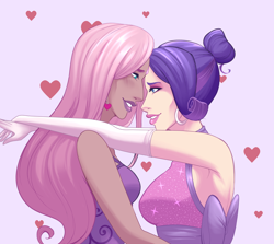 Size: 1400x1251 | Tagged: safe, artist:emberfan11, fluttershy, rarity, human, alternate hairstyle, armpits, blushing, clothes, dark skin, dress, ear piercing, earring, evening gloves, eyeshadow, female, flarity, gloves, heart, holiday, humanized, jewelry, lesbian, lipstick, long gloves, makeup, piercing, shipping, valentine's day